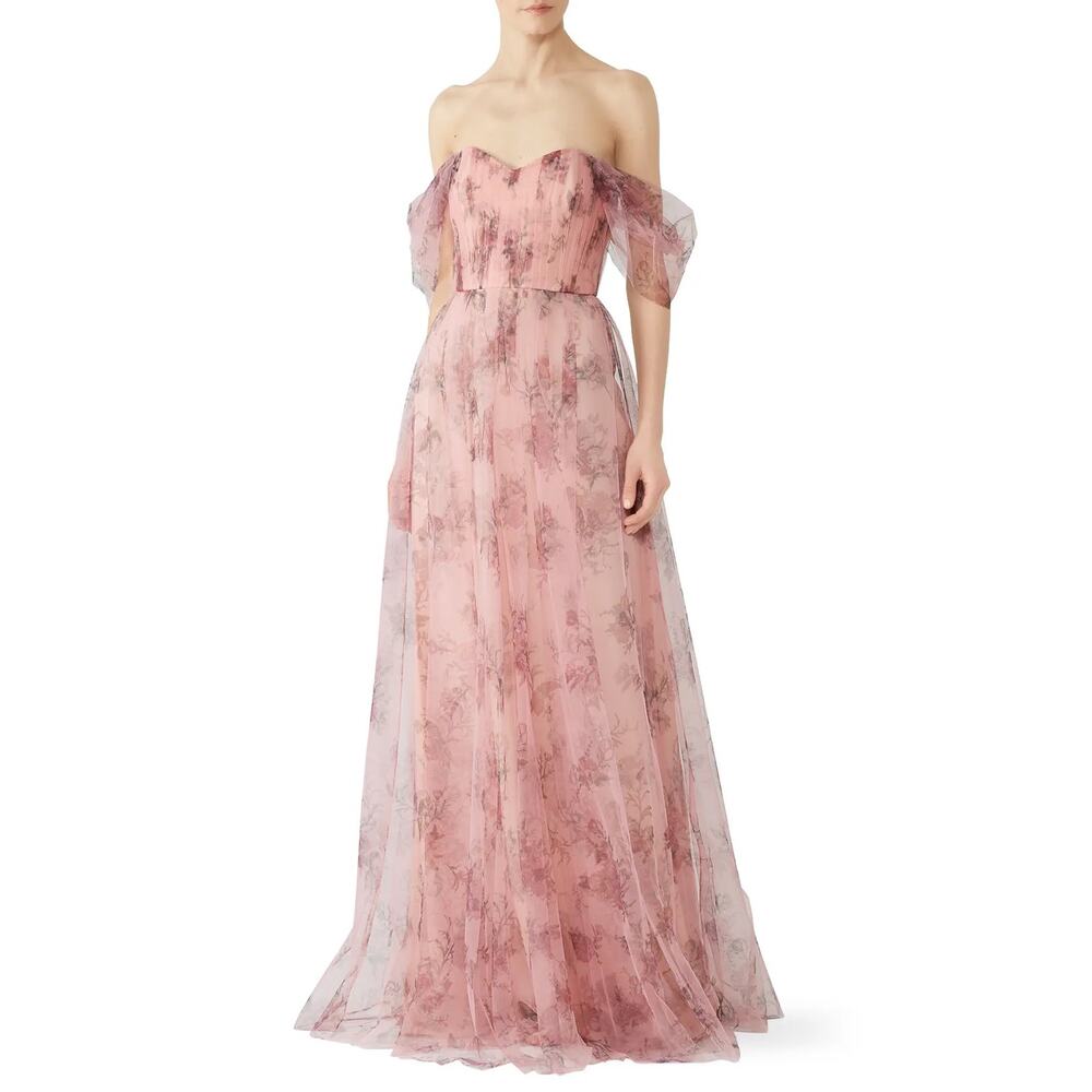 Marchesa Notte Blush Pink Floral Tulle Formal Gown Maxi Dress Size 8
